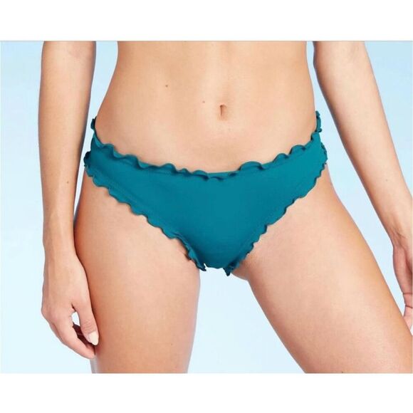 NWT Womens Shade & Shore Teal Ruffled Low Coverage Cheeky Bikini Bottom - Sz M - Picture 1 of 3